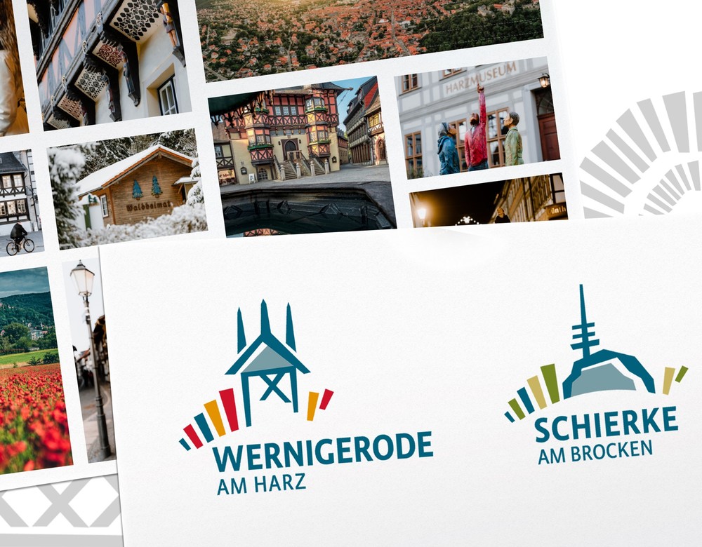 Die Stadt-Logos von Wernigerode und Schierke vor lokalen Bildern